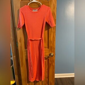 LOFT Coral Ribbed Knit Long Sleeve Belted Dress